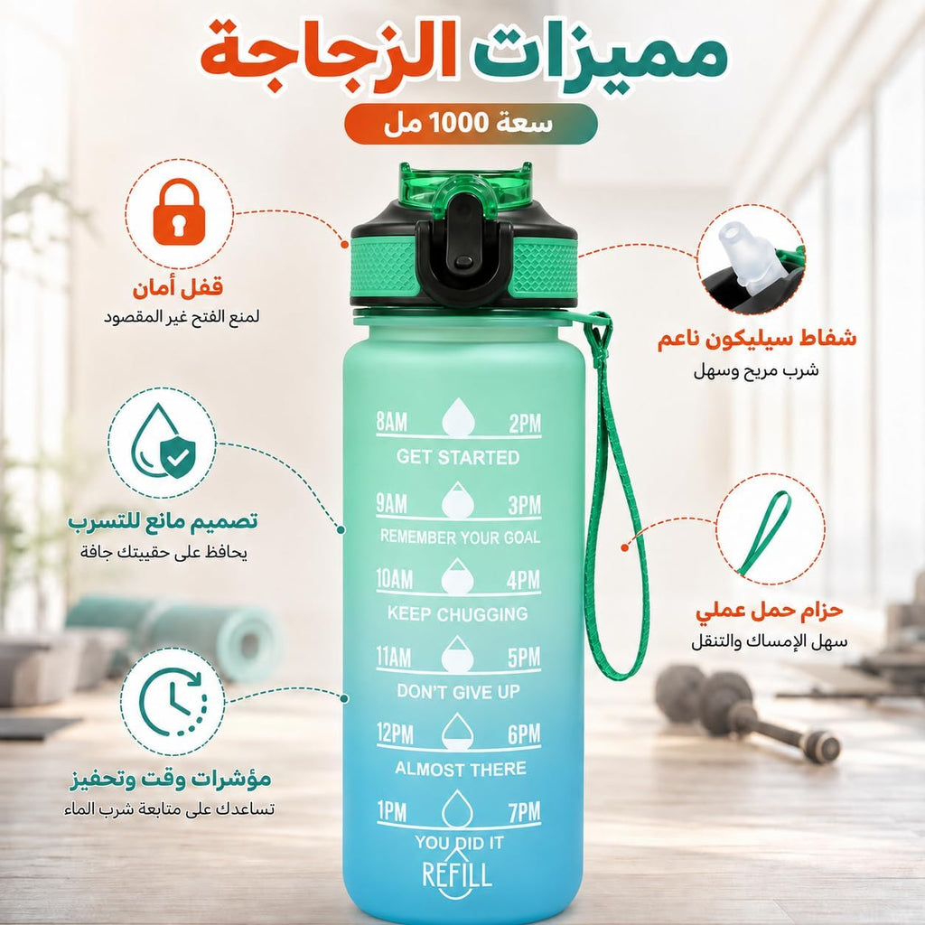 Water Bottle 1L with Time Markings and Carry Handle, Leak-Resistant Reusable Sports Drinking Bottle for Gym, Fitness, Work, School, Travel and Outdoor Use, FL-1 (Green & Blue) - image 4