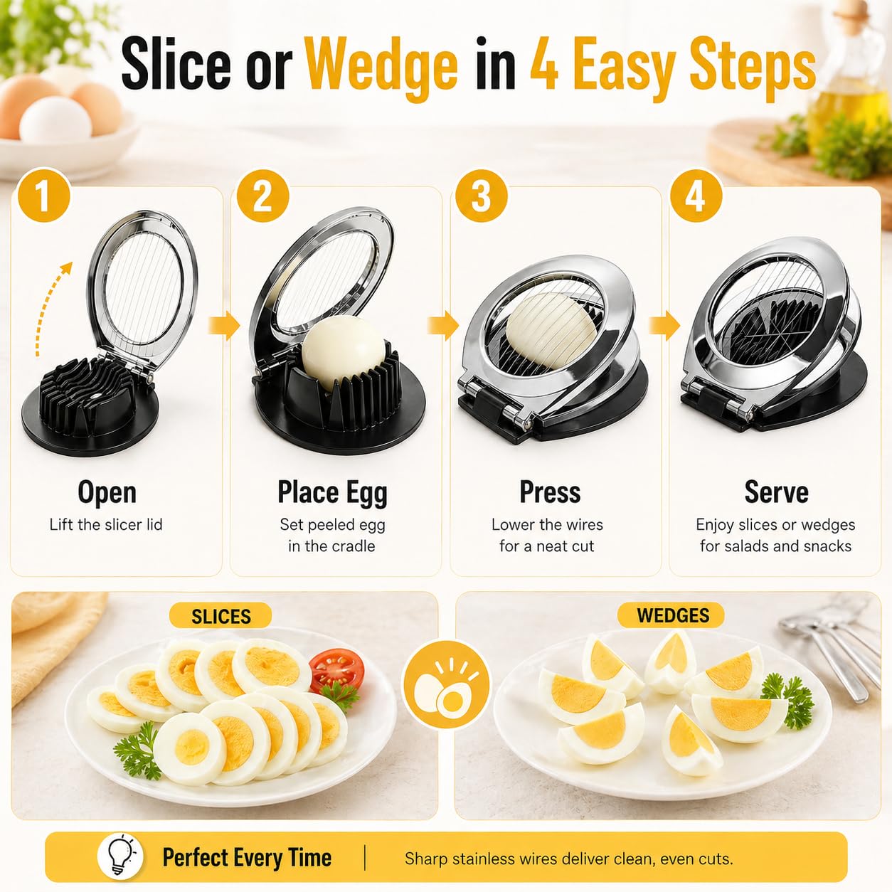 Egg Slicer 2 in 1, Stainless Steel Wire Egg Cutter for Hard-Boiled Eggs, Mushrooms and Soft Fruits, Slice and Wedge Kitchen Tool, 9 x 9 x 11 cm, XE-207 - image 5