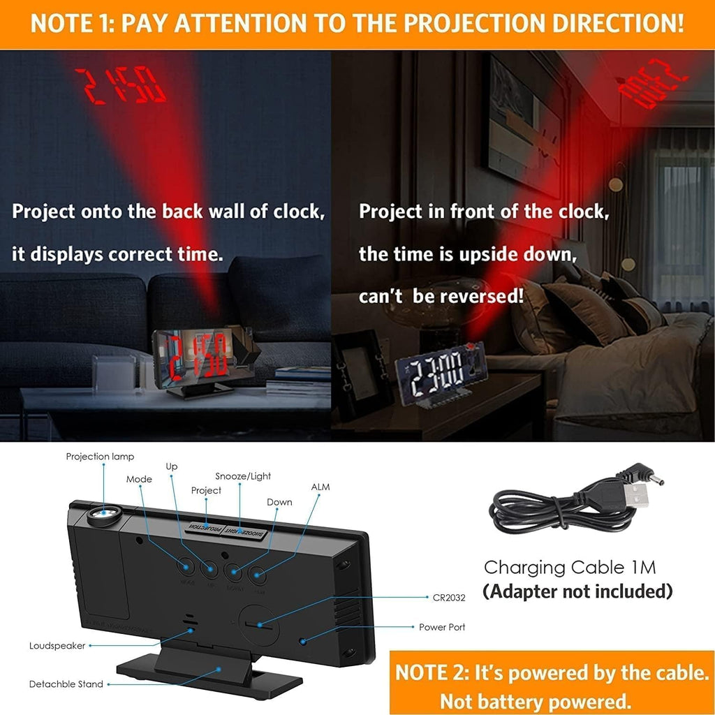Projection Alarm Clock, Digital Clock with 180° Projector, Large LED Mirror Display, Time, Date, Temperature, 3 Brightness Levels and Snooze for Bedroom, Office and Home, White - image 3