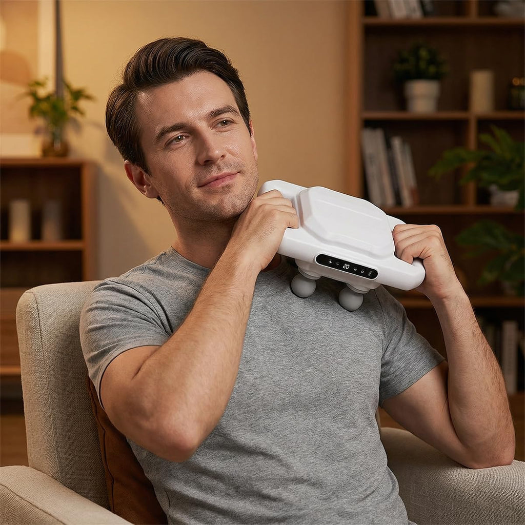 Massage Gun with 6 Heads, Handheld Low-Noise Vibration Body Massager for Back, Neck, Shoulders, Arms and Legs, Portable Muscle Relaxation Device, JBY-328, White - image 7