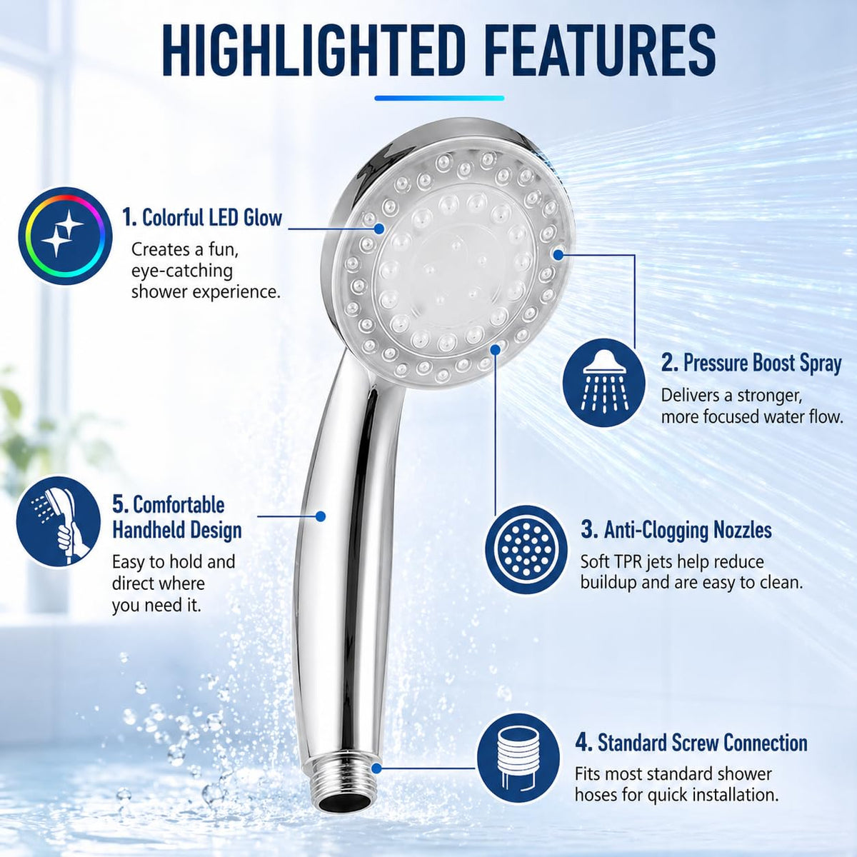 Handheld Shower Head with LED Color-Changing Light, High-Pressure Water-Powered Detachable Bathroom Sprayer for Home Spa Use, B-208 - image 3
