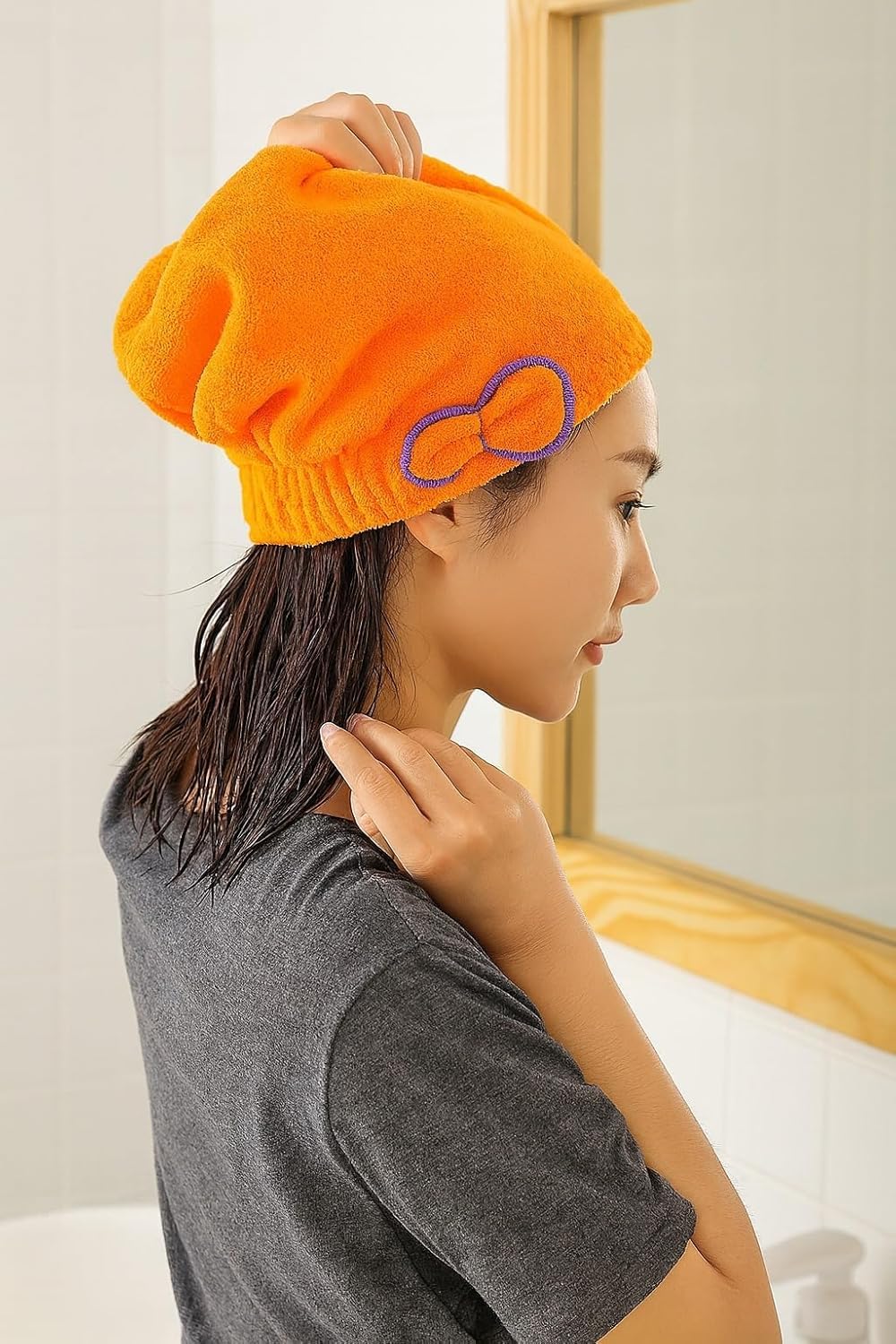 Microfiber Hair Towel Wrap, Quick-Dry Lightweight Turban with Button Loop for Wet, Curly and Long Hair, Soft Absorbent Head Towel Cap, Orange - image 6