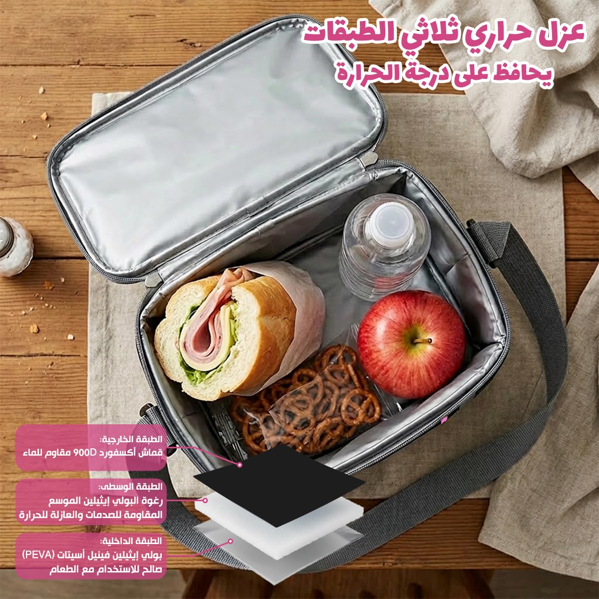 Insulated Lunch Bag 6L, Compact Thermal Cooler Tote with Leak-Resistant Lining, Reusable Food and Drink Carrier for Work, School, University, Travel and Picnic, BB-568, Black & Pink - image 4