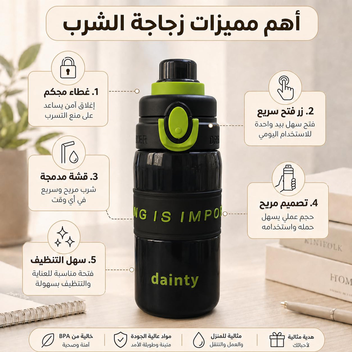 Water Bottle 500ml with Straw, BPA-Free Lightweight Plastic Sports Bottle with Leak-Resistant Lid for School, Gym, Fitness, Outdoor and Travel, FL-1315, Black - image 3