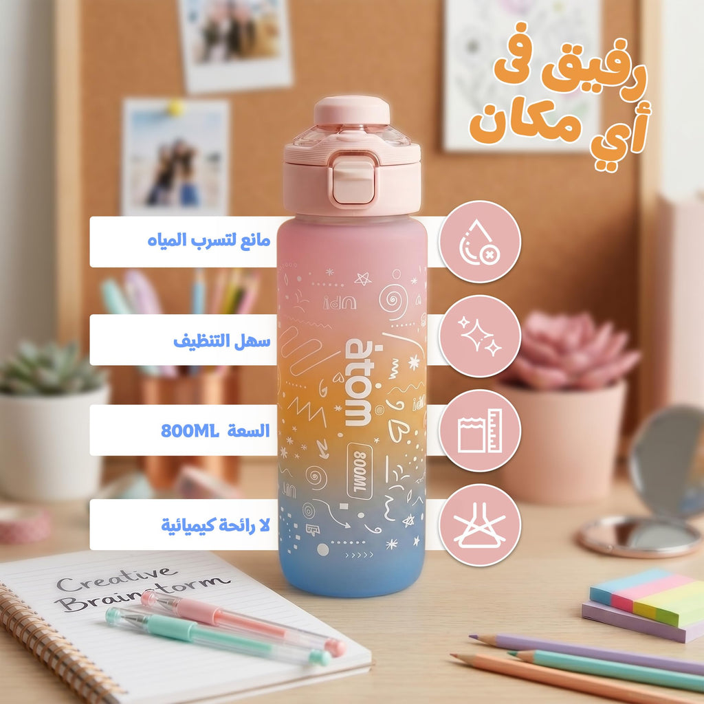 Water Bottle 800ml with Carry Handle, BPA-Free Leak-Resistant Plastic Sports Bottle for Gym, Fitness, School, Work, Travel and Daily Use, FL-1266, Pink - image 2