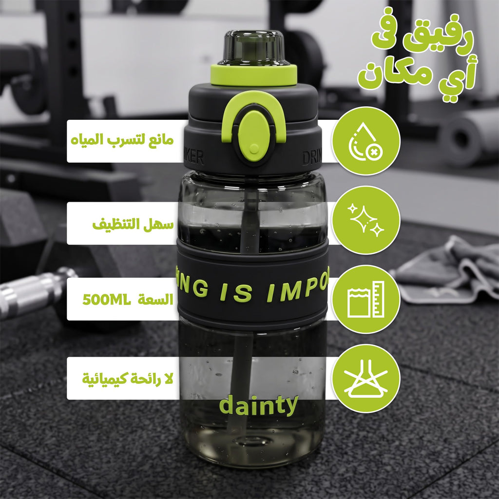 Water Bottle 500ml with Straw, BPA-Free Lightweight Plastic Sports Bottle with Leak-Resistant Lid for School, Gym, Fitness, Outdoor and Travel Use, FL-1315, Black - image 2