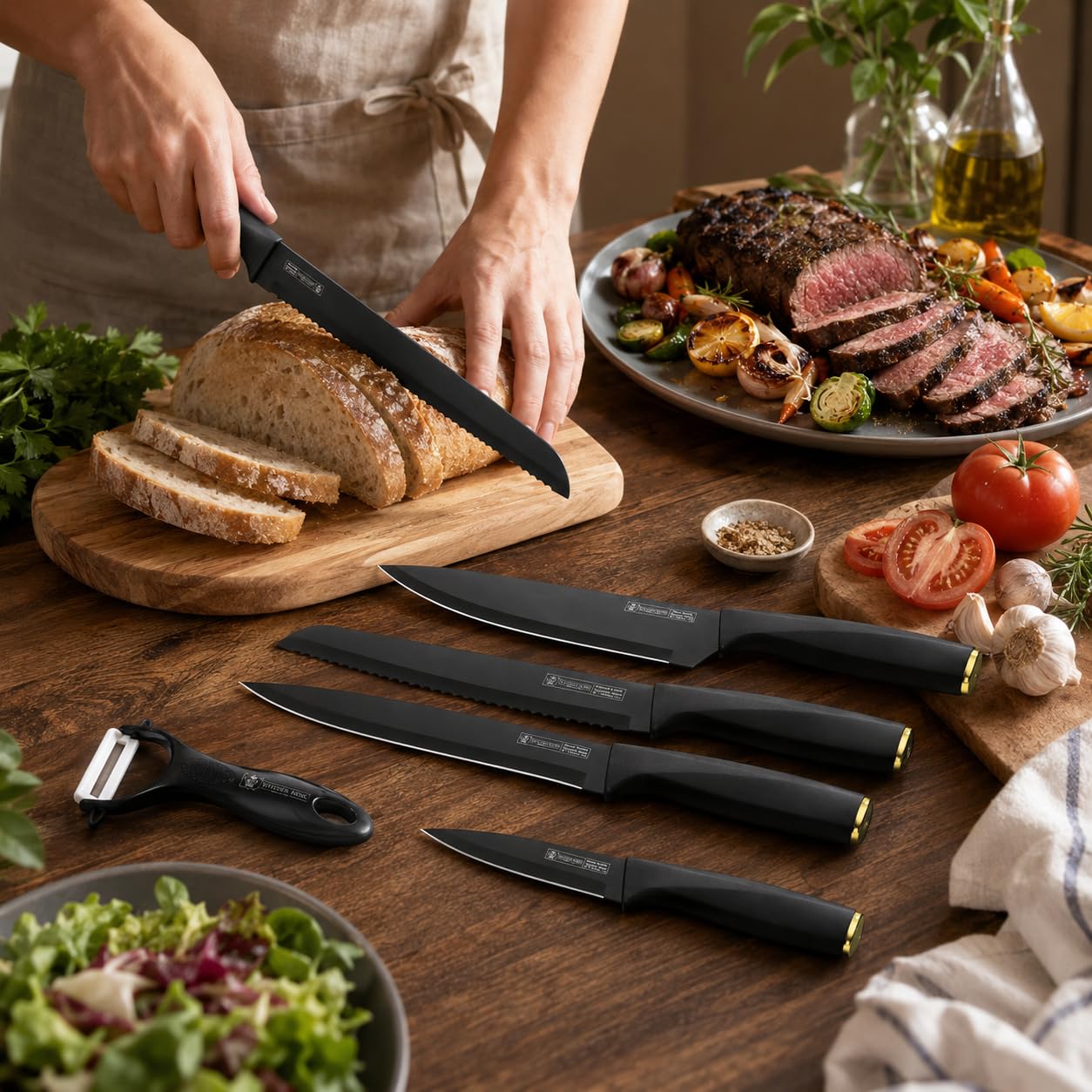Kitchen Knife Set 6 Pieces, Non-Stick Marble-Coated Stainless Steel Knives with Chef, Bread, Slicing, Utility and Paring Blades for Food Preparation, H-736, Black - image 7