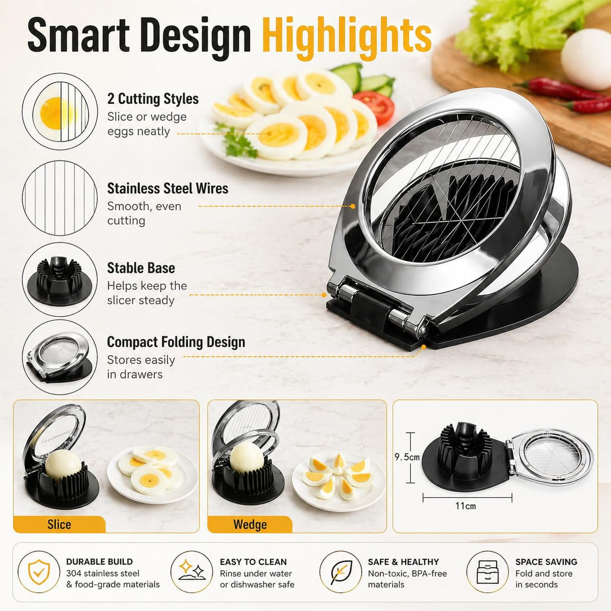 Egg Slicer 2 in 1, Stainless Steel Wire Egg Cutter for Hard-Boiled Eggs, Mushrooms and Soft Fruits, Slice and Wedge Kitchen Tool, 9 x 9 x 11 cm, XE-207 - image 3