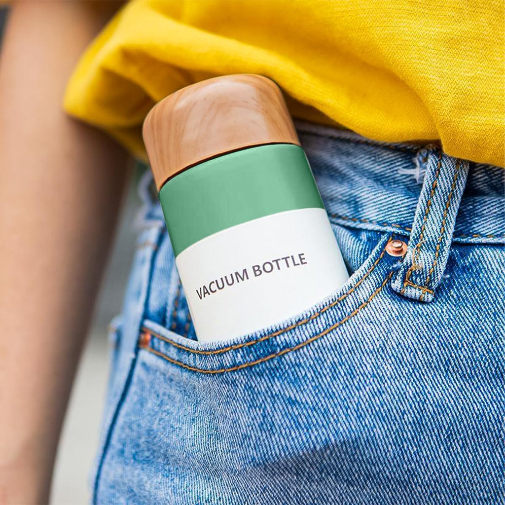Water Bottle 150ml Mini Stainless Steel Vacuum Insulated Pocket Flask, Slim Wood Grain Leak-Proof Travel Mug for Coffee Tea, Green - image 7