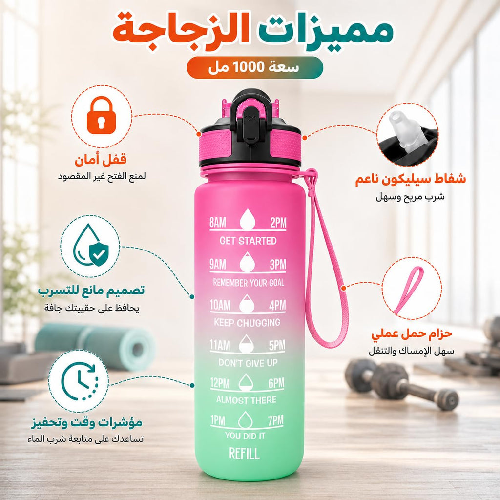 Water Bottle 1L with Time Markings and Carry Handle, Leak-Resistant Reusable Sports Drinking Bottle for Gym, Fitness, Work, School, Travel and Outdoor Use, FL-1, Pink & Green - image 4
