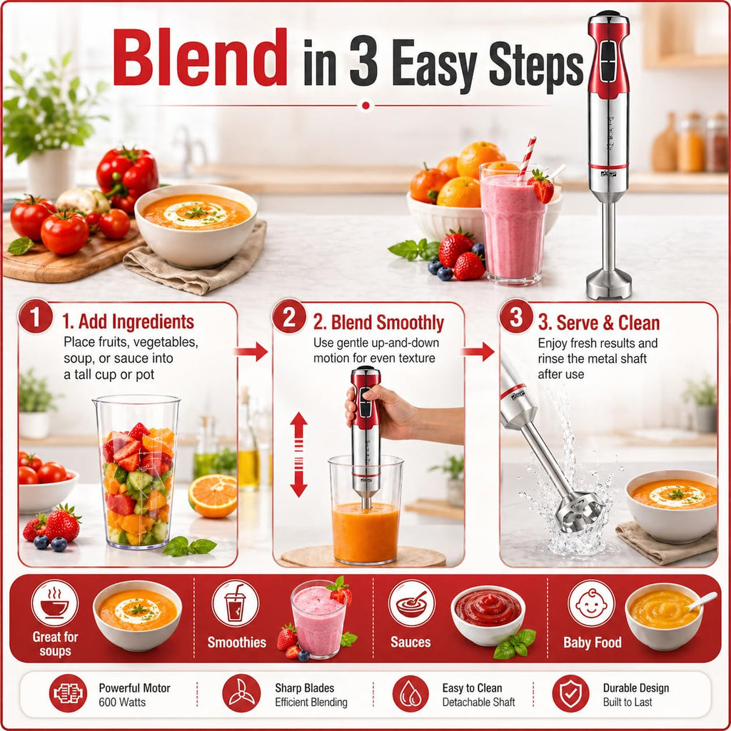Hand Blender 600W with Variable Speed Control and Turbo, Full Copper Motor, 4 Stainless Steel Blades and Detachable Shaft for Soups, Smoothies and Sauces, KM1117 - image 5