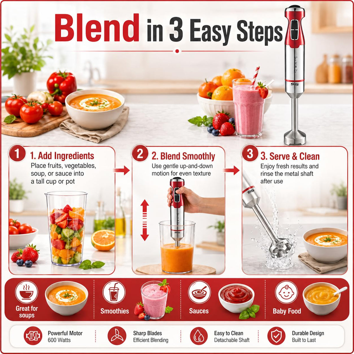 Hand Blender 600W with Variable Speed Control and Turbo, Full Copper Motor, 4 Stainless Steel Blades and Detachable Shaft for Soups, Smoothies and Sauces, KM1117 - image 5