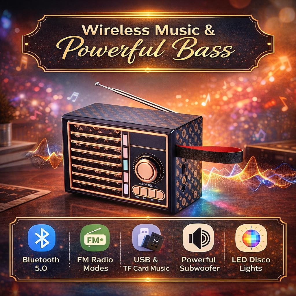 Portable Bluetooth Speaker with FM Radio, Hands-Free Calling, RGB Light, AUX Input and TF Card Support for Home, Travel and Outdoor Use (Gold) - image 2