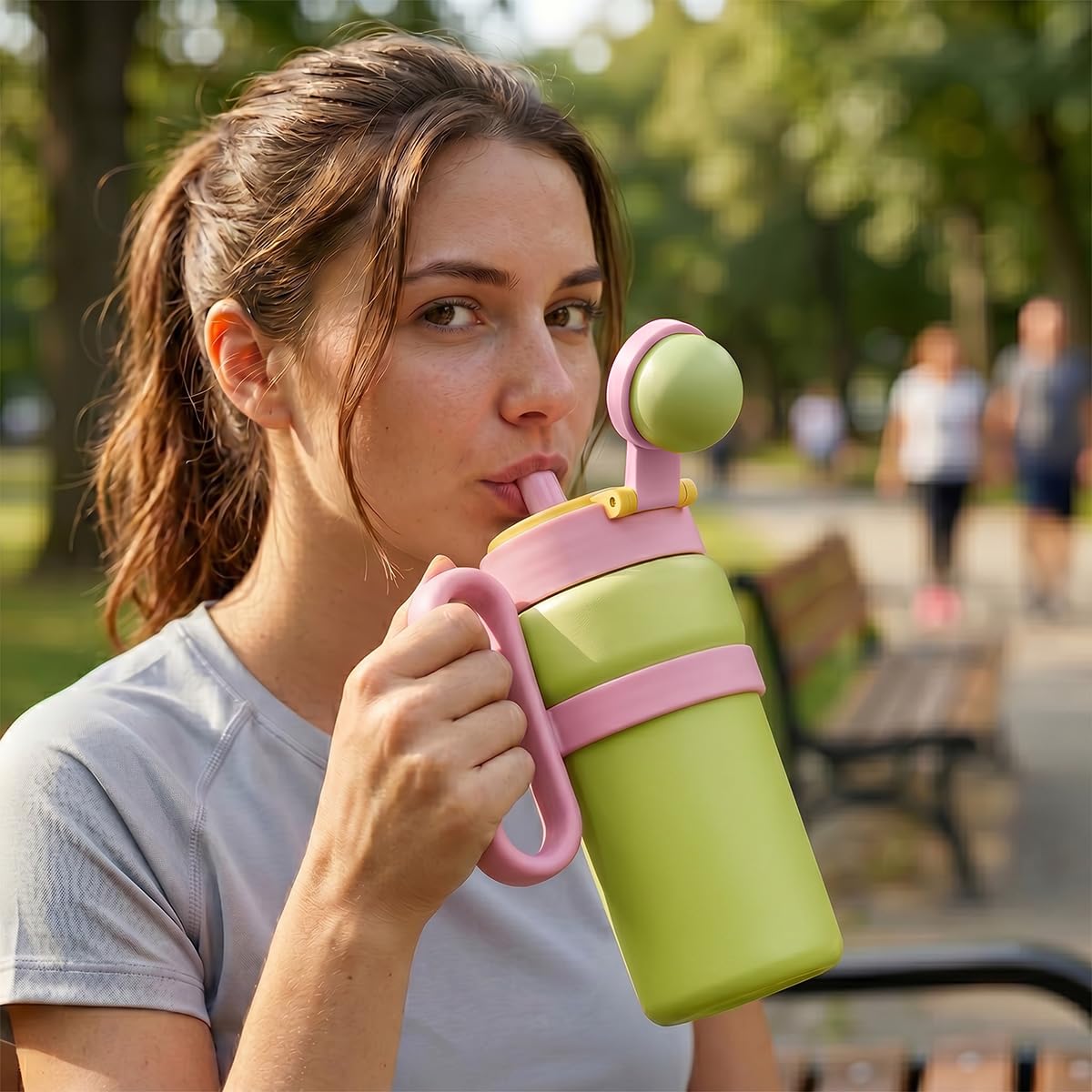 Travel Tumbler 900ml, Vacuum Insulated Stainless Steel Cup with Straw Lid and Carry Handle for Hot and Cold Drinks, Car, Office, Gym and Travel, F-1544 (Green) - image 7