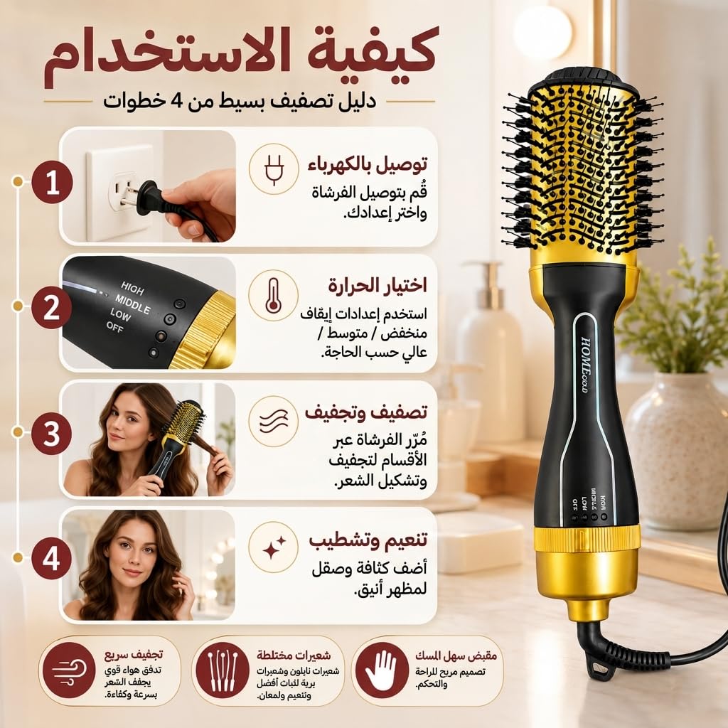 Hair Dryer Brush 1200W, One Step Hot Air Styler with Mixed Bristles, 80–85°C Heat and 5 ft Swivel Cord for Drying, Smoothing and Volumizing, HG-1917 (Black) - image 5