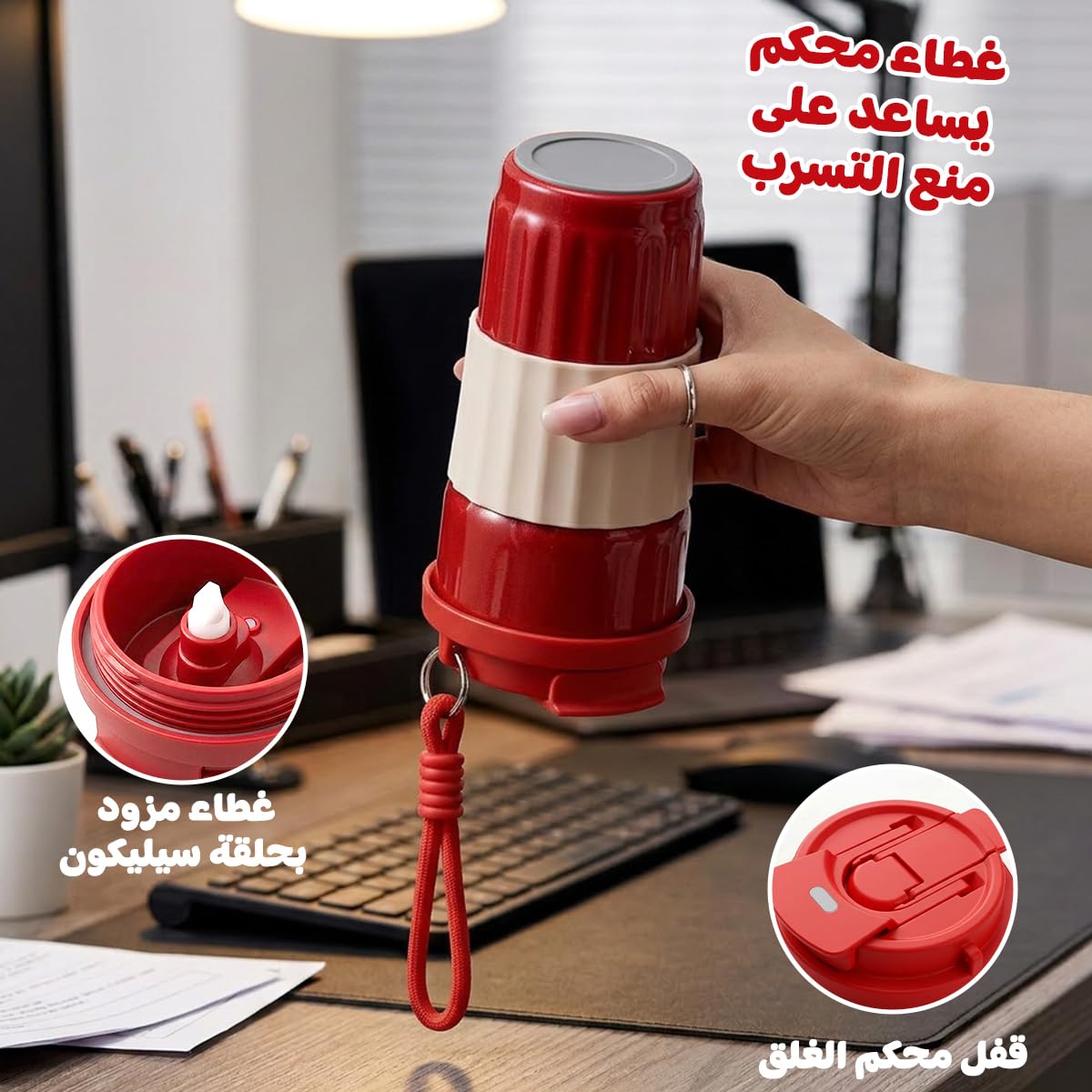 Travel Mug 500ml, Vacuum Insulated Stainless Steel Tumbler with Straw Lid and Carry Handle, Leak-Resistant Coffee Cup for Hot and Cold Drinks, Car and Office, F-1537 (Red) - image 4