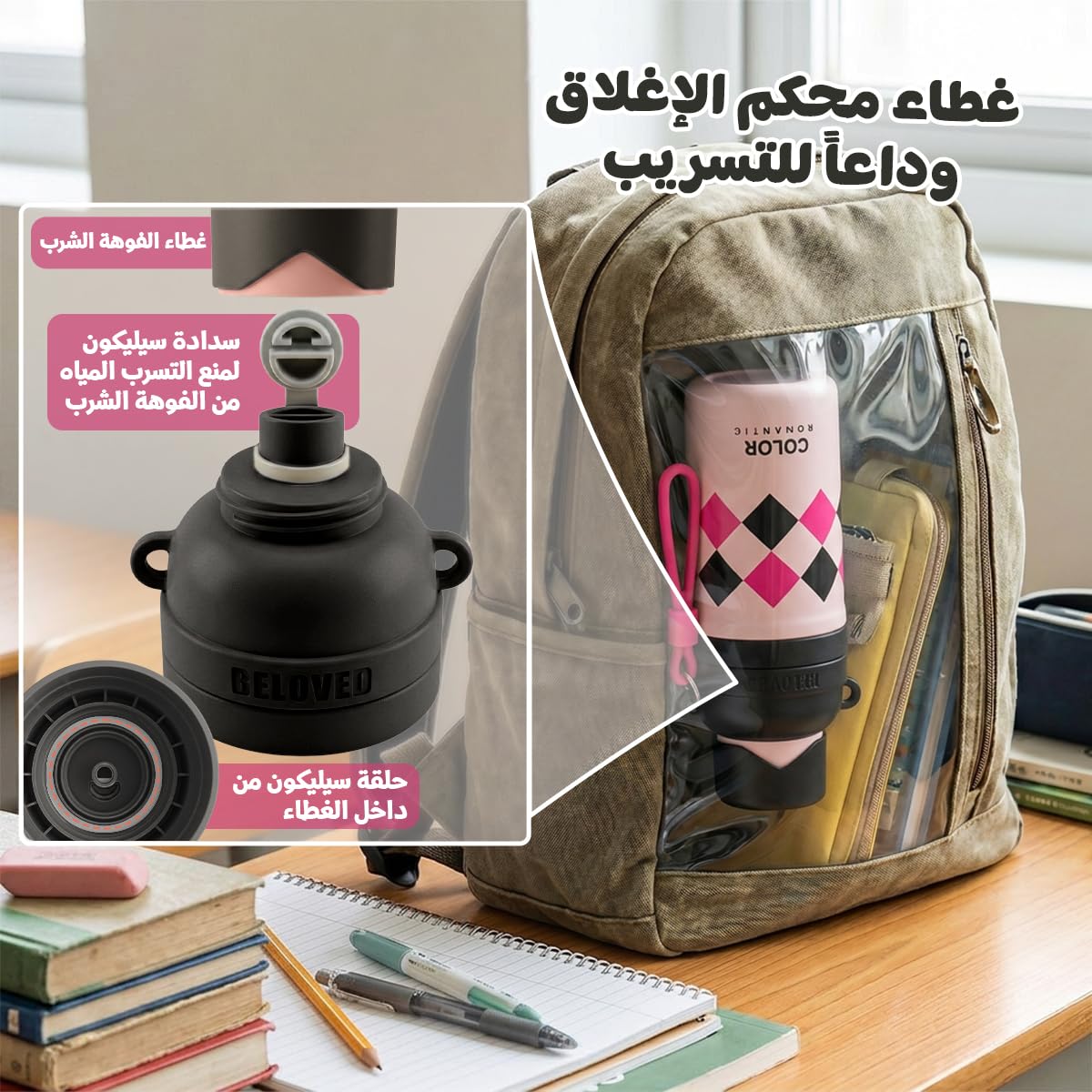 Water Bottle 650ml, Vacuum Insulated Stainless Steel Flask with Straw Lid, Carry Handle, Double Wall Leak-Resistant Design for Hot and Cold Drinks, F-1545 (Pink) - image 3