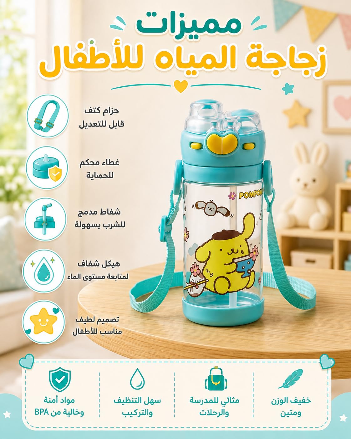 Water Bottle 450 ml with Straw, Leakproof Plastic Drinking Bottle with Flip Lid and Carry Strap, Portable Reusable Cup for School, Work, Travel and Daily Use, F-1343, Green - image 2