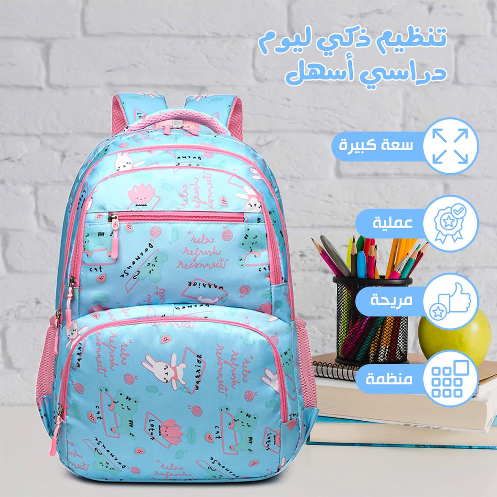 School Bag - Lightweight School Backpack for Kids & Girls, Multi Pocket, Large Capacity, Wear Resistant Breathable Nylon, Padded Straps, Side Bottle Pockets (Blue) - image 2