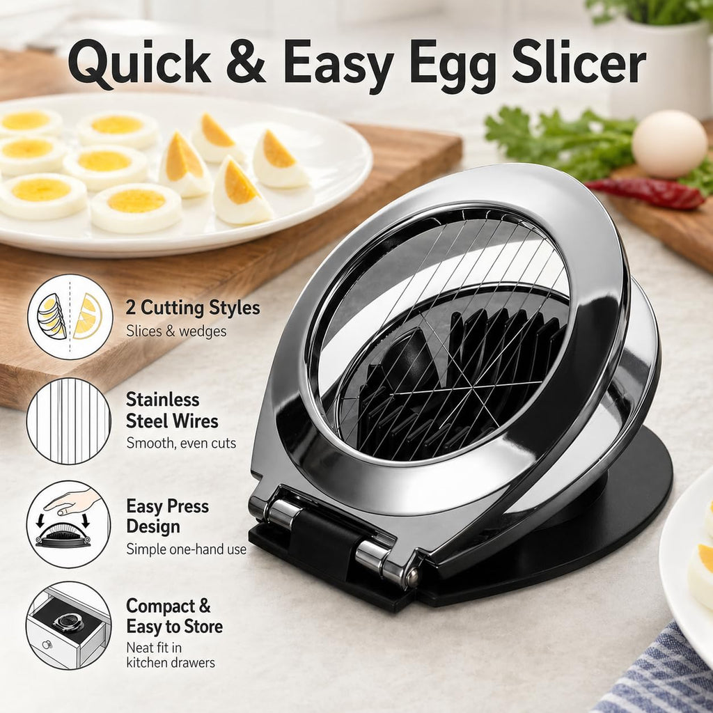 Egg Slicer 2 in 1, Stainless Steel Wire Egg Cutter for Hard-Boiled Eggs, Mushrooms and Soft Fruits, Slice and Wedge Kitchen Tool, 9 x 9 x 11 cm, XE-207 - image 2