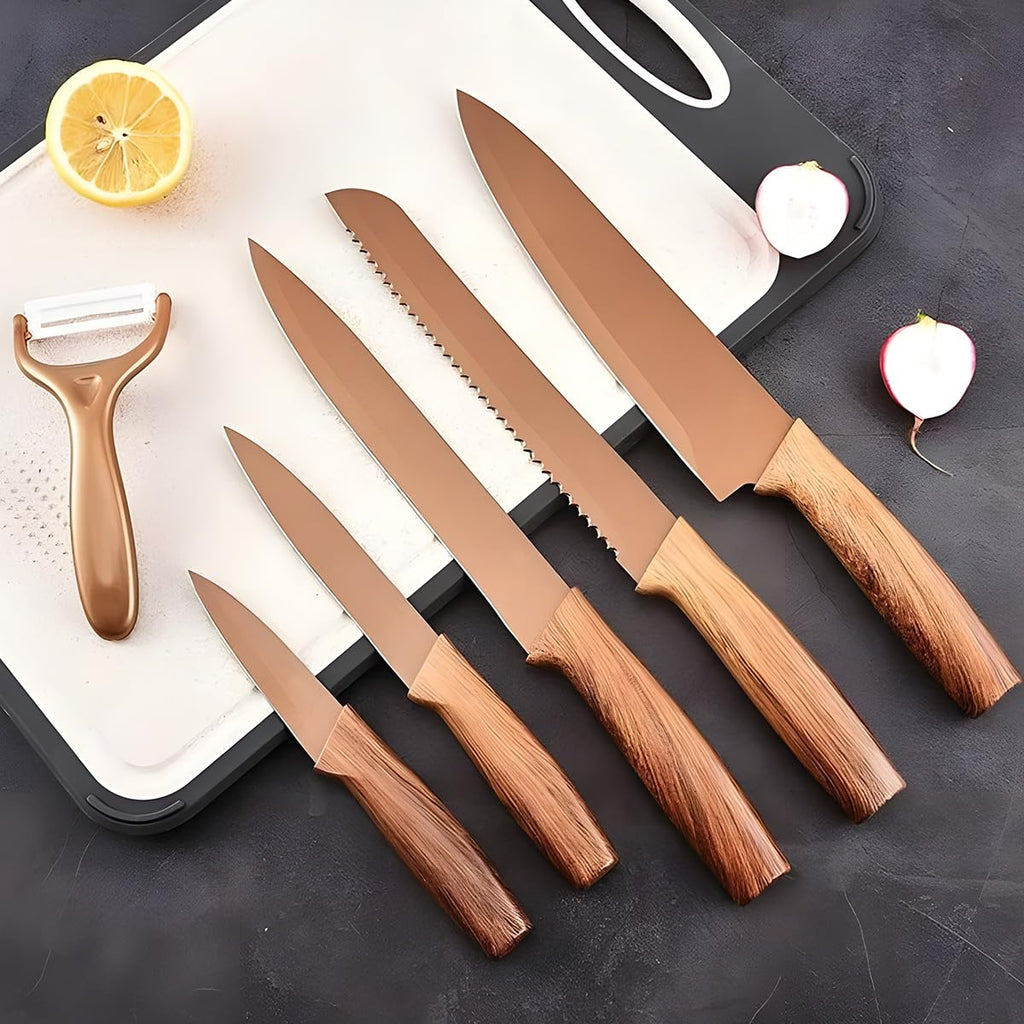 Kitchen Knife Set 6 Pieces with Grater, Stainless Steel Nonstick Blades and Wood-Grain Handles for Cutting, Slicing, Chopping and Food Preparation, Brown - image 7