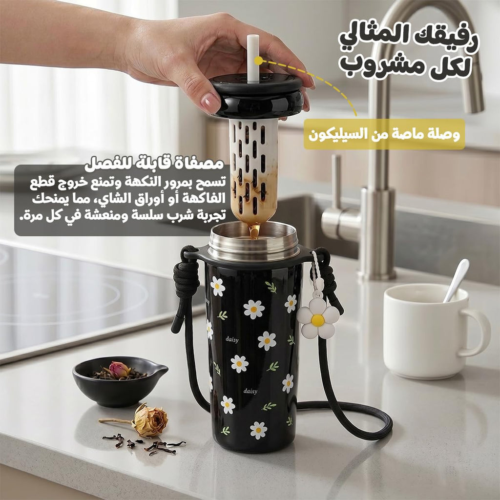 Travel Mug 720ml, Stainless Steel Vacuum Insulated Tumbler with Straw Lid, Carry Handle, Shoulder Strap, Removable Filter and Leak-Resistant BPA-Free Lid, F-1547 (Black) - image 3