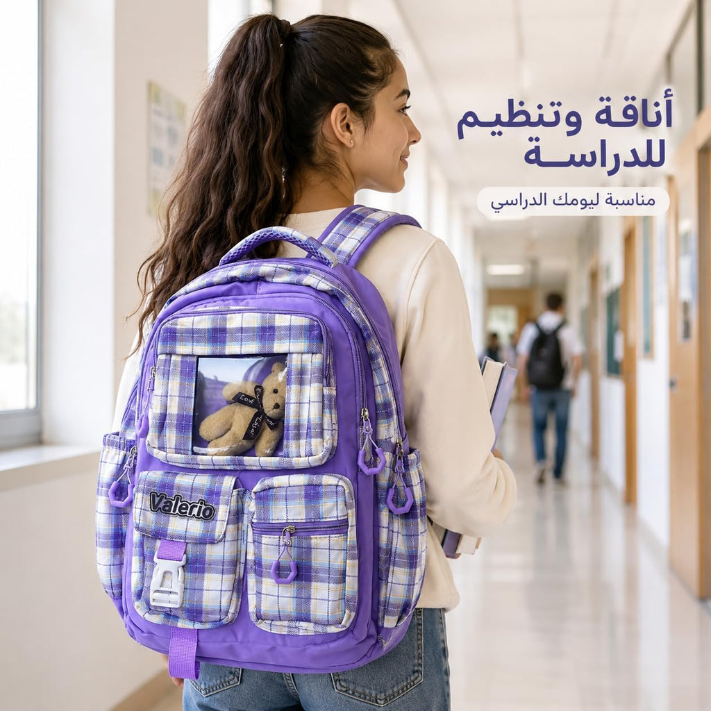 School Backpack for Nursery and Daily Use, Multi-Pocket Student Bookbag for Day Trips, Activities and Everyday Essentials, Plaid - image 7