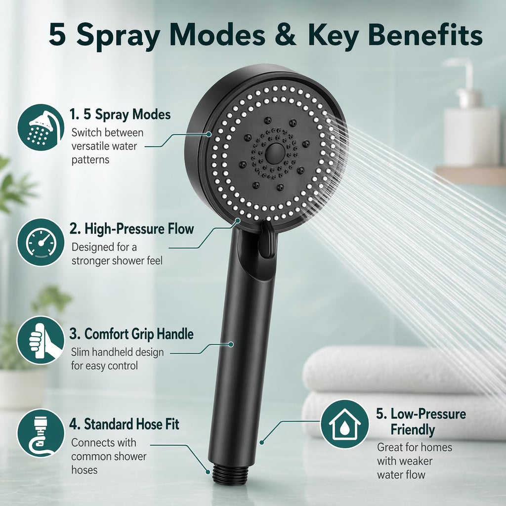 Shower Head High Pressure Handheld 5 Spray Modes Adjustable Settings Bathroom Hand Sprayer for Customised Water Flow and Comfort - image 2