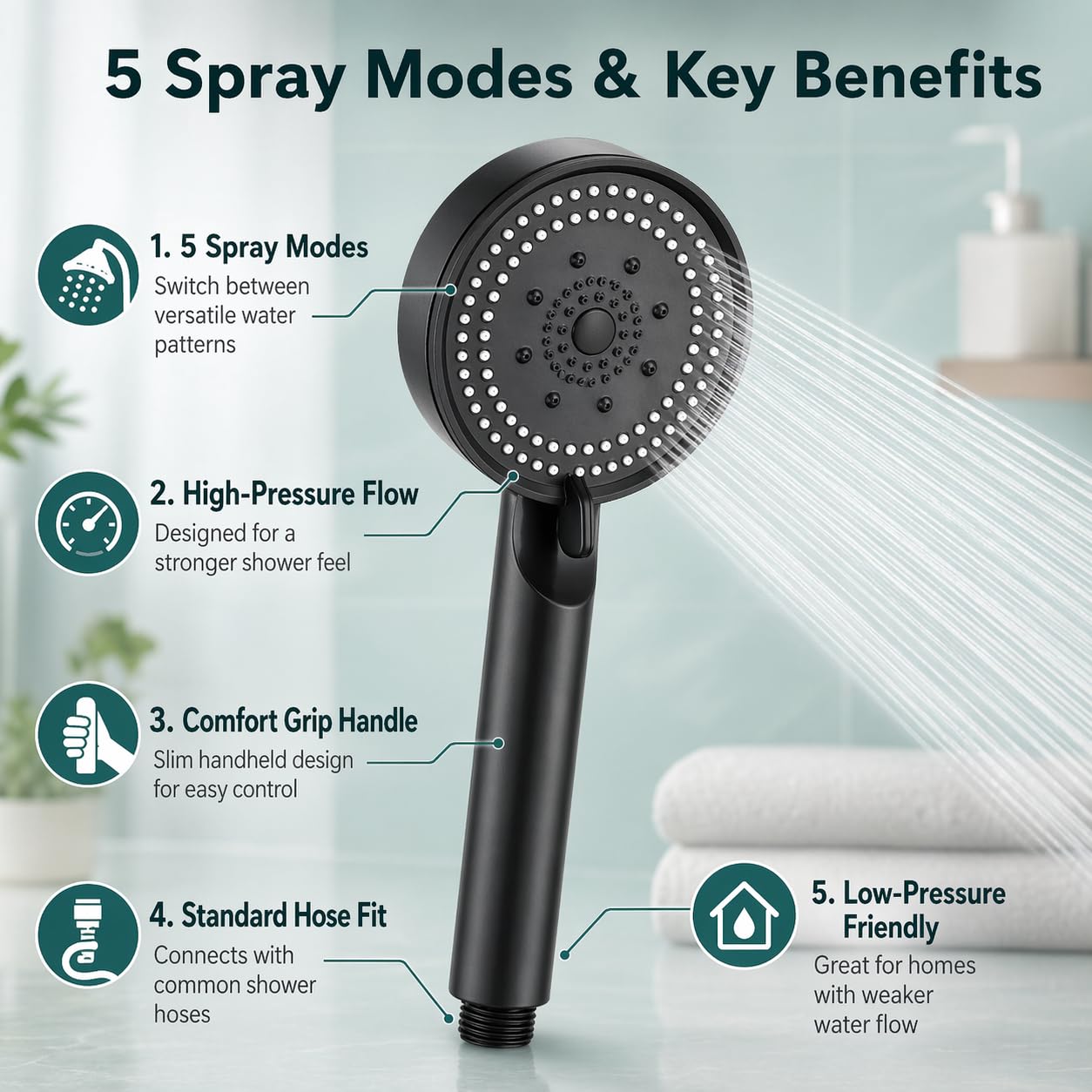 Shower Head High Pressure Handheld 5 Spray Modes Adjustable Settings Bathroom Hand Sprayer for Customised Water Flow and Comfort - image 2