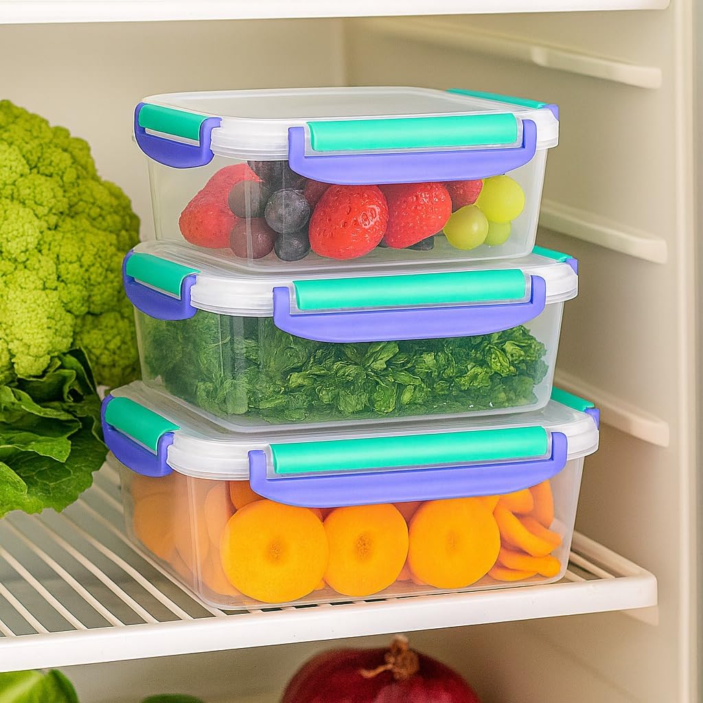Food Storage Containers Set 3 Pcs, Triangle Refrigerator Crisper Boxes with Airtight Lids, Microwave and Dishwasher Safe, Food-Grade Plastic for Fruit and Vegetables (Purple) - image 4