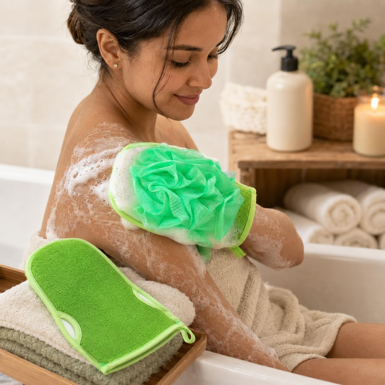 Exfoliating Glove, Body Loofah Bath Mitt with Hanging Loop, Soft Scrub Quick-Dry Wash Cloth for Men and Women, Shower and Daily Bath Care, B-618(Green) - image 6