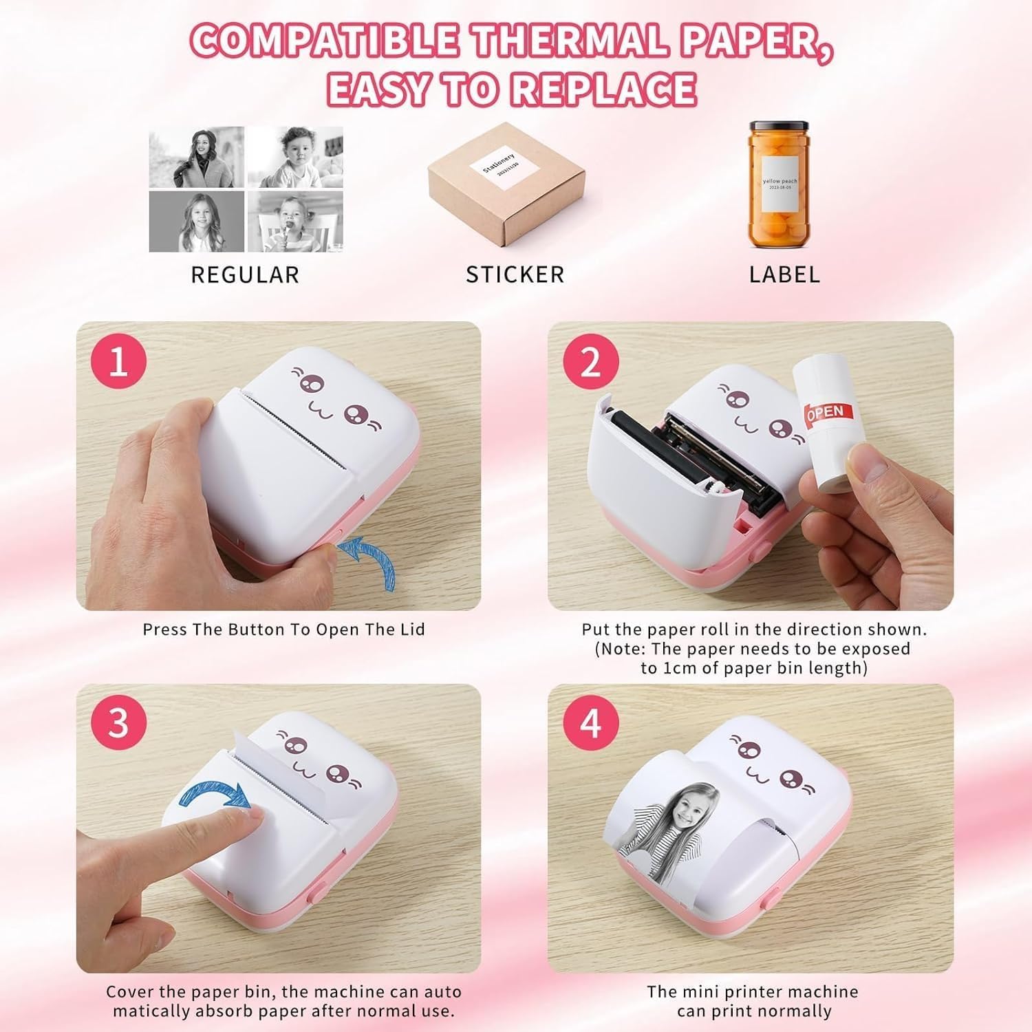 Mini Printer, Bluetooth Pocket Thermal Printer for Inkless Notes, Labels, Stickers, Photos, Study and Office Organisation, Portable Wireless Design (Pink) - image 4