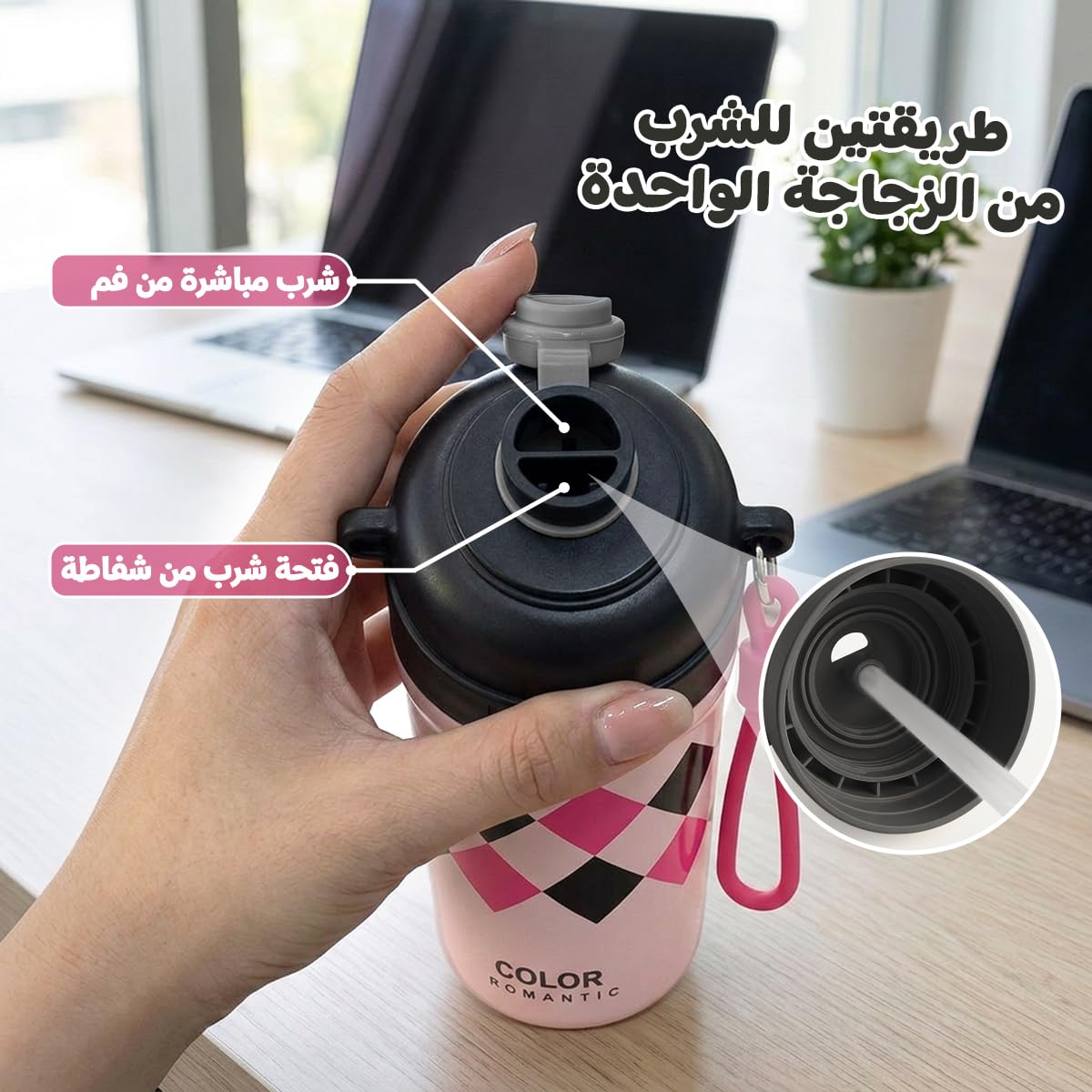 Water Bottle 650ml, Vacuum Insulated Stainless Steel Flask with Straw Lid, Carry Handle, Double Wall Leak-Resistant Design for Hot and Cold Drinks, F-1545 (Pink) - image 4
