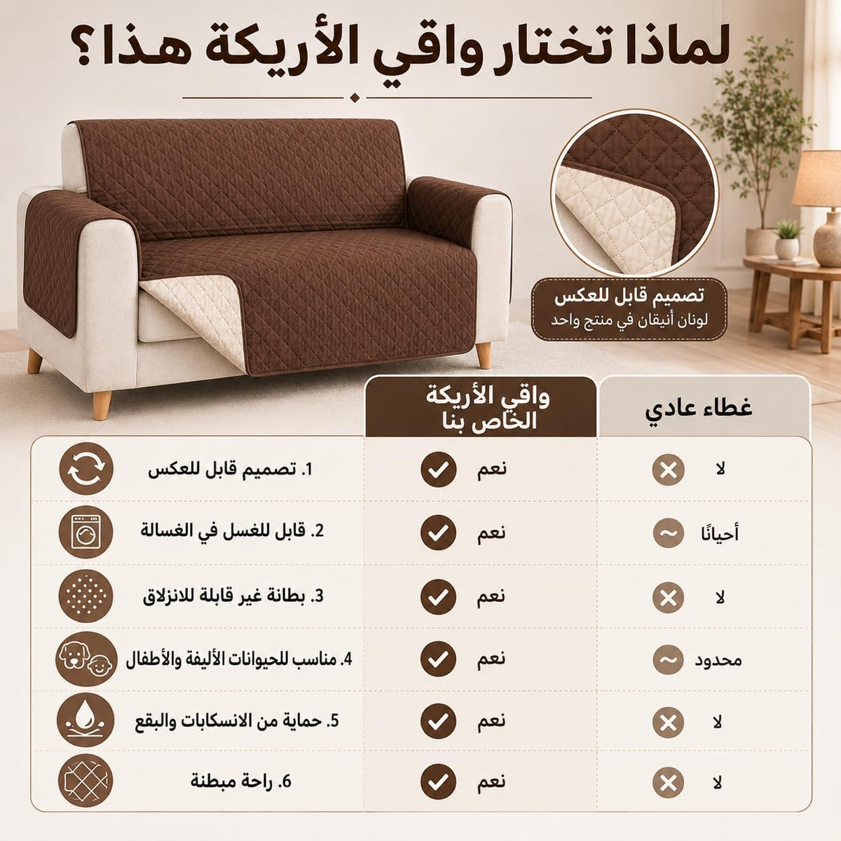 Reversible Sofa Cover for 2 Seater Loveseat, Washable Polyester Furniture Protector for Pet Hair, Crumbs and Everyday Wear, Living Room Couch Slipcover, Brown, SB-279 - image 5