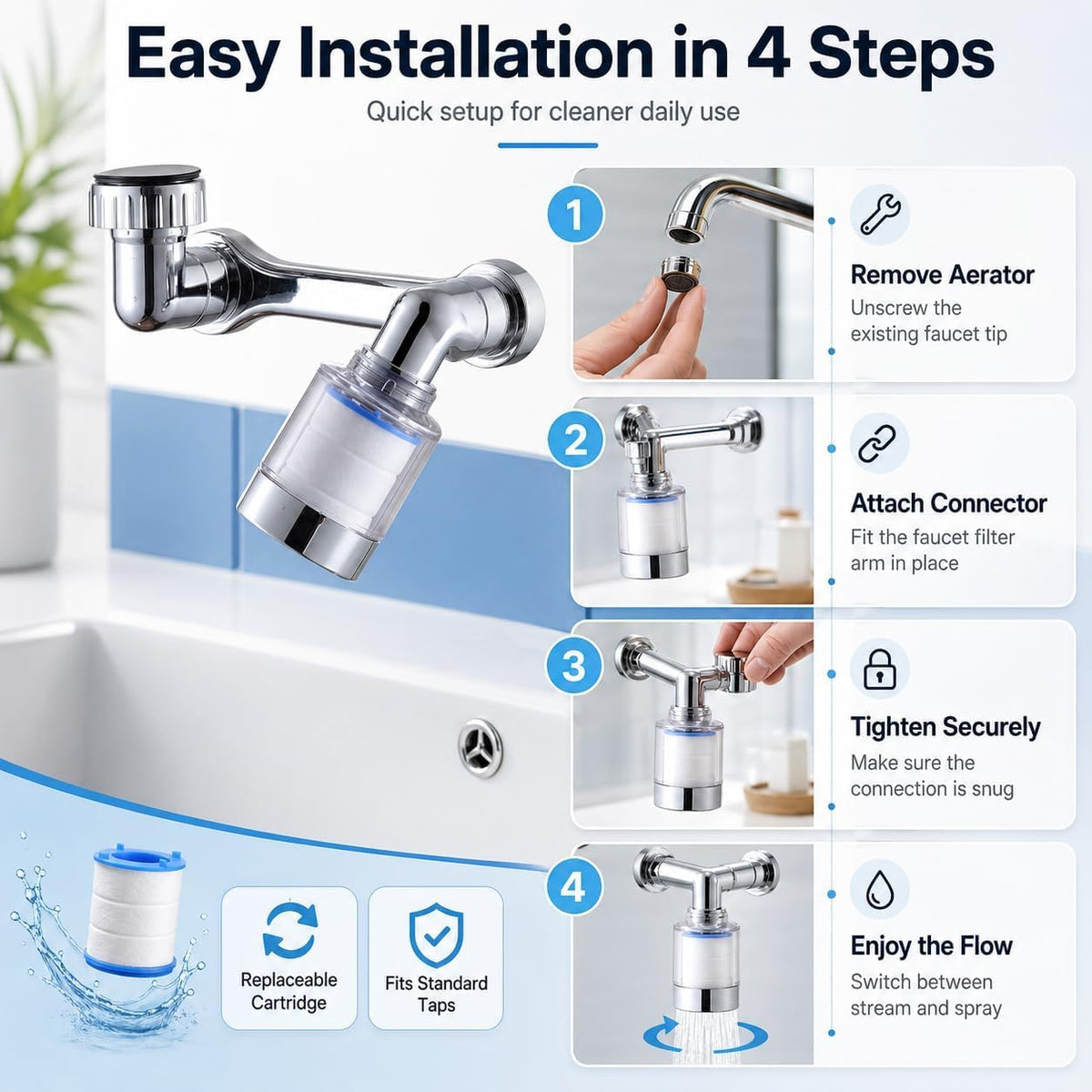 Faucet Extender Aerator, 720° Rotatable Tap Nozzle with Dual Flow Modes, Filter and Anti-Splash Metal Head for Kitchen and Bathroom Sinks - image 6