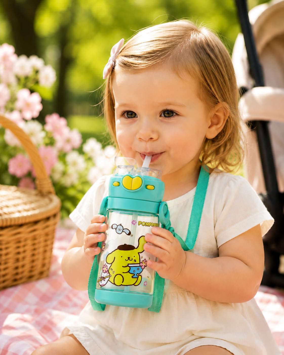 Water Bottle 450 ml with Straw, Leakproof Plastic Drinking Bottle with Flip Lid and Carry Strap, Portable Reusable Cup for School, Work, Travel and Daily Use, F-1343, Green - image 7