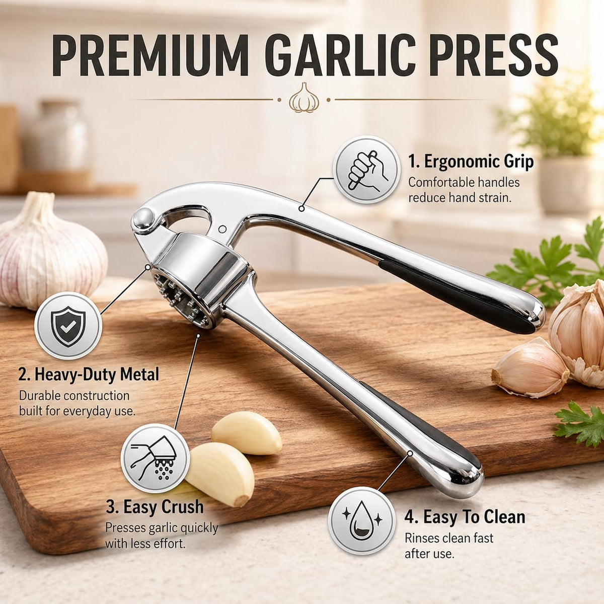 Garlic Press, Stainless Steel Manual Garlic Crusher and Mincer with Ergonomic Handle, Easy-Clean Kitchen Tool for Garlic Cloves, XD-81 - image 2