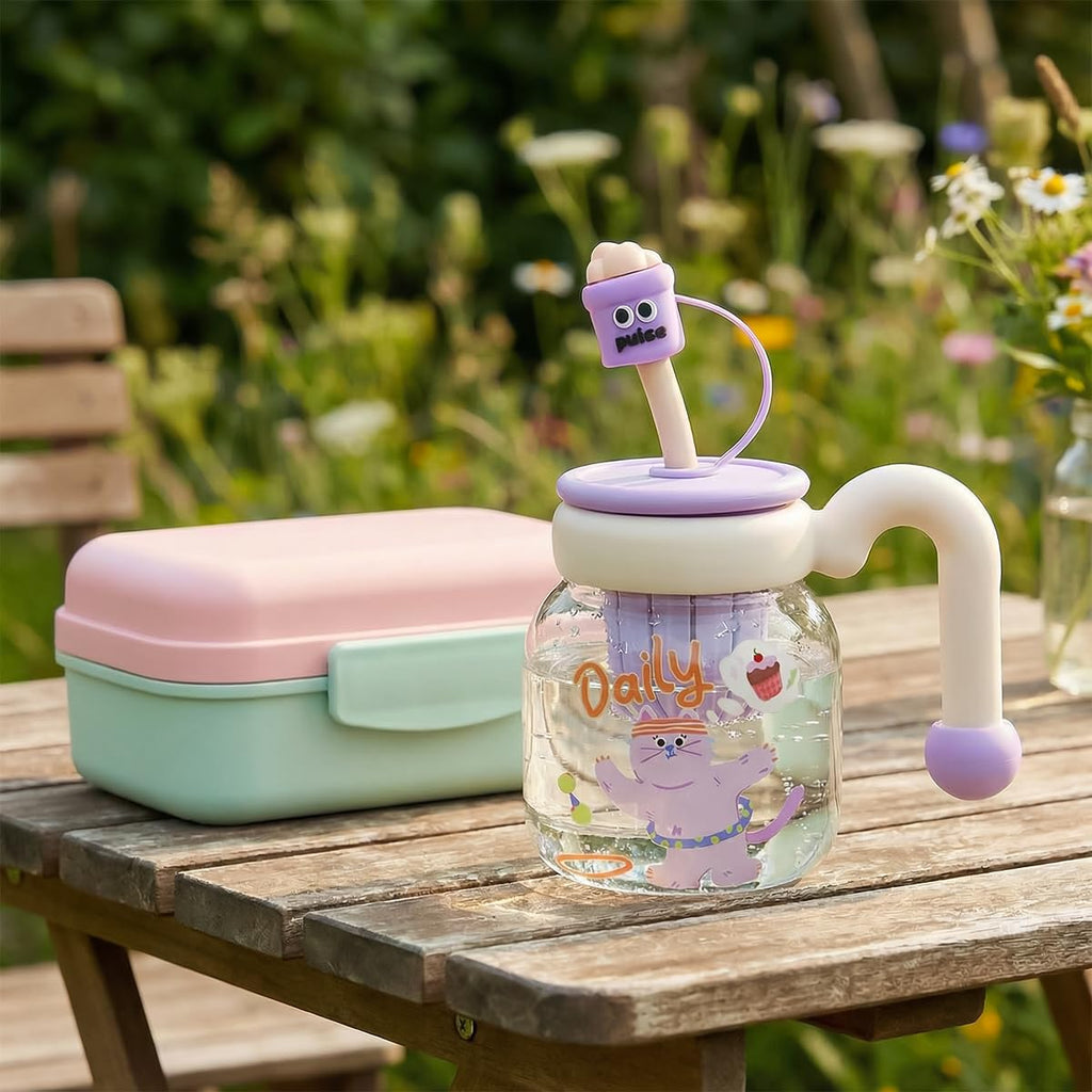 Glass Water Bottle with Straw & Handle 860ml - Strainer Cup, Leak-Proof, BPA-Free, Easy-Grip Lid for Juice, Milk and Tea, Cute Cup Ideal for Outdoor & Indoor, GG-2533 (Creamy, Purple) - image 6