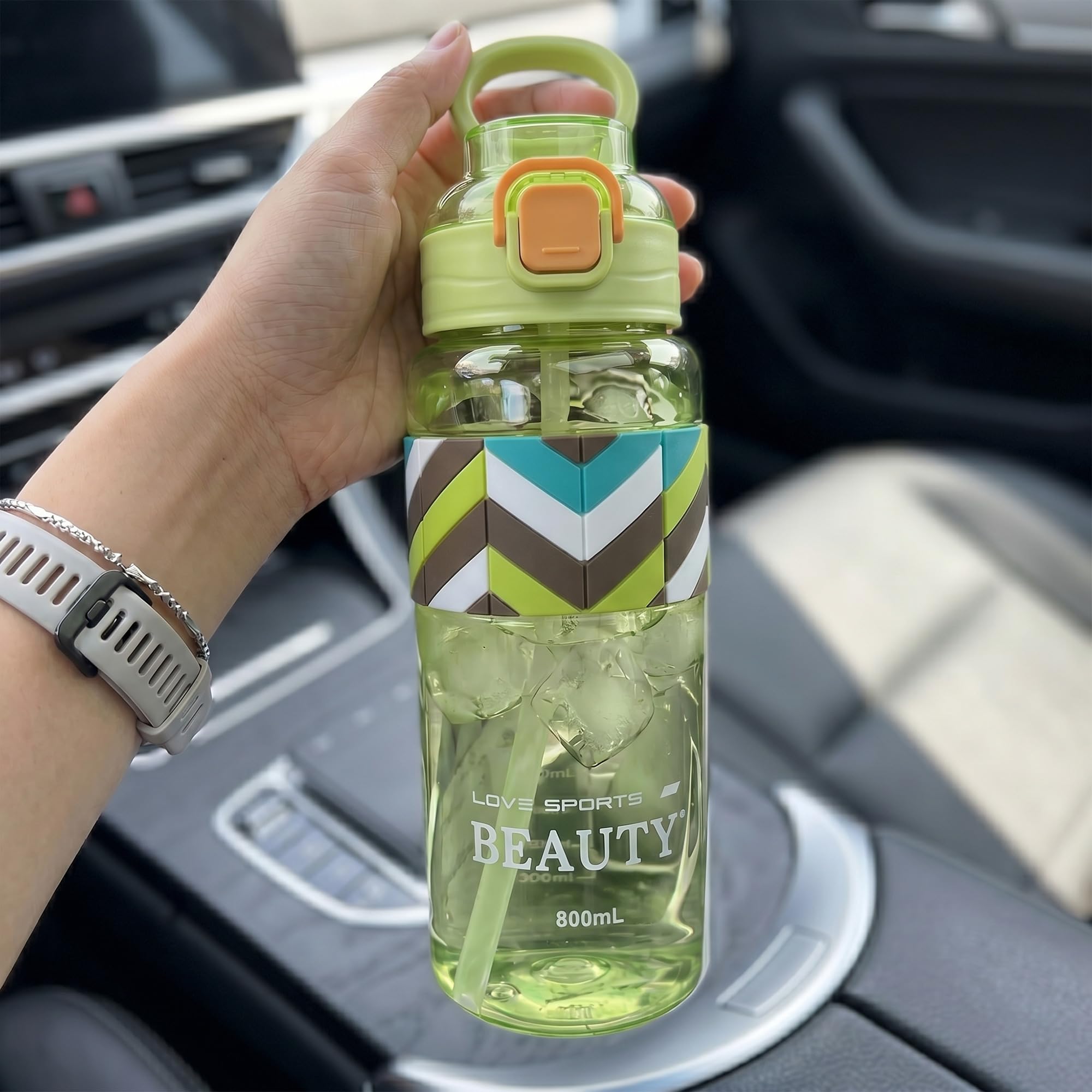 Water Bottle 800ml with Carry Handle, BPA-Free Leak-Resistant Plastic Sports Bottle for Gym, School, Work, Fitness, Travel and Daily Use, FL-1312, Green - image 7