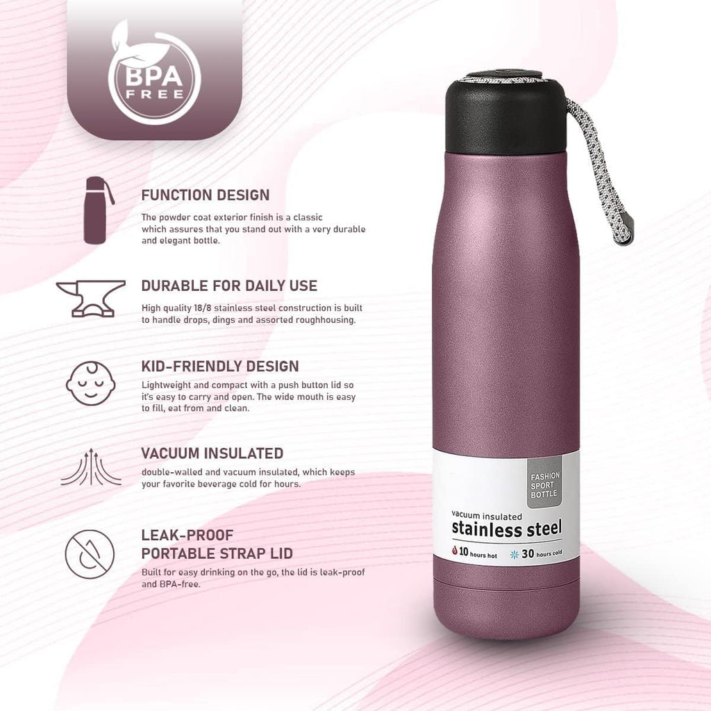 Water Bottle 500ml, Vacuum Insulated Stainless Steel Flask with Leakproof Lid, BPA-Free Double Wall Bottle for Hot and Cold Drinks, Gym, Travel, Office and Daily Use (Pink) - image 2