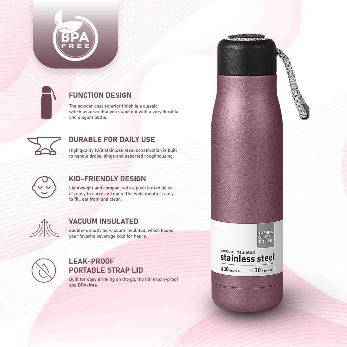 Water Bottle 500ml, Vacuum Insulated Stainless Steel Flask with Leakproof Lid, BPA-Free Double Wall Bottle for Hot and Cold Drinks, Gym, Travel, Office and Daily Use (Pink) - image 2