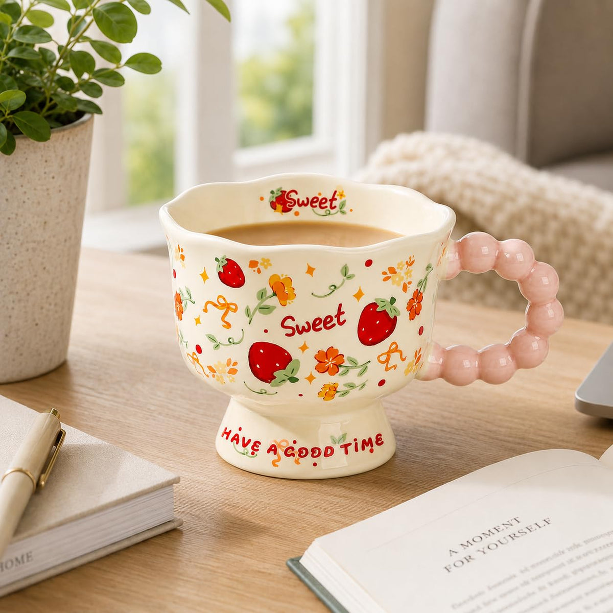 Ceramic Mug 340 ml for Coffee and Tea, Decorative Glazed Cup with Scalloped Rim, Beaded Handle and Stable Pedestal Base for Hot Drinks, TT-2533, Strawberry - image 7