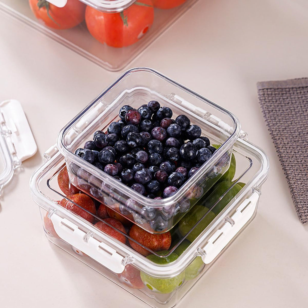 Food Storage Containers with Lids, 4-Piece Fridge Organizer Set with Drain Baskets, Stackable BPA-Free Clear Plastic Produce Keepers for Fruits and Vegetables, Square White - image 6