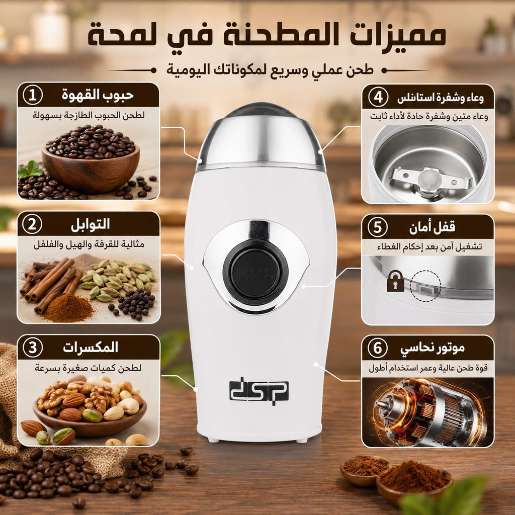 Electric Coffee Grinder 200W, Stainless Steel Bowl and Blades with Pure Copper Motor and Safety Lid Lock for Coffee Beans, Spices, Nuts and Seeds, KA3002 (White) - image 3