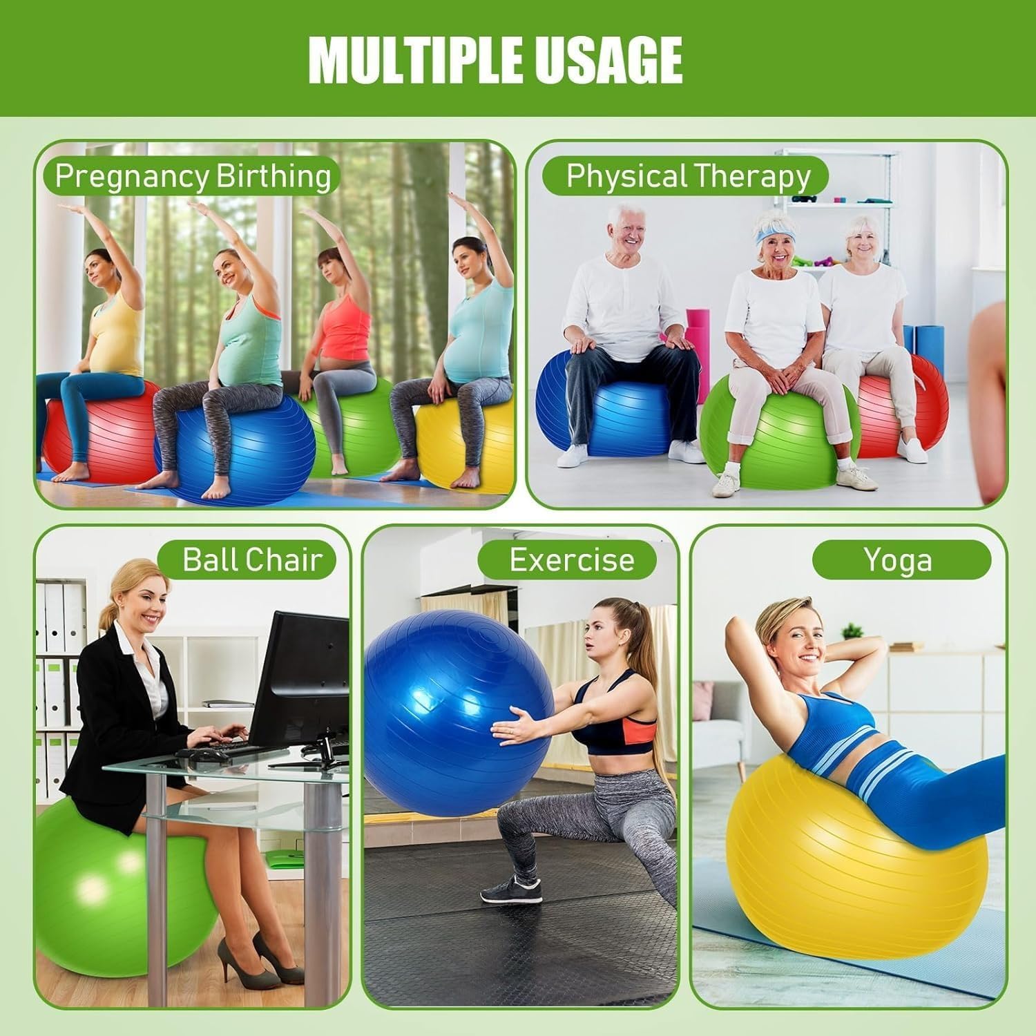Exercise Ball Yoga Ball Gym Ball – Pilates Swiss Stability Anti-Burst Birthing Ball With Pump For Home Workout & Office Chair, 65 Cm - image 4