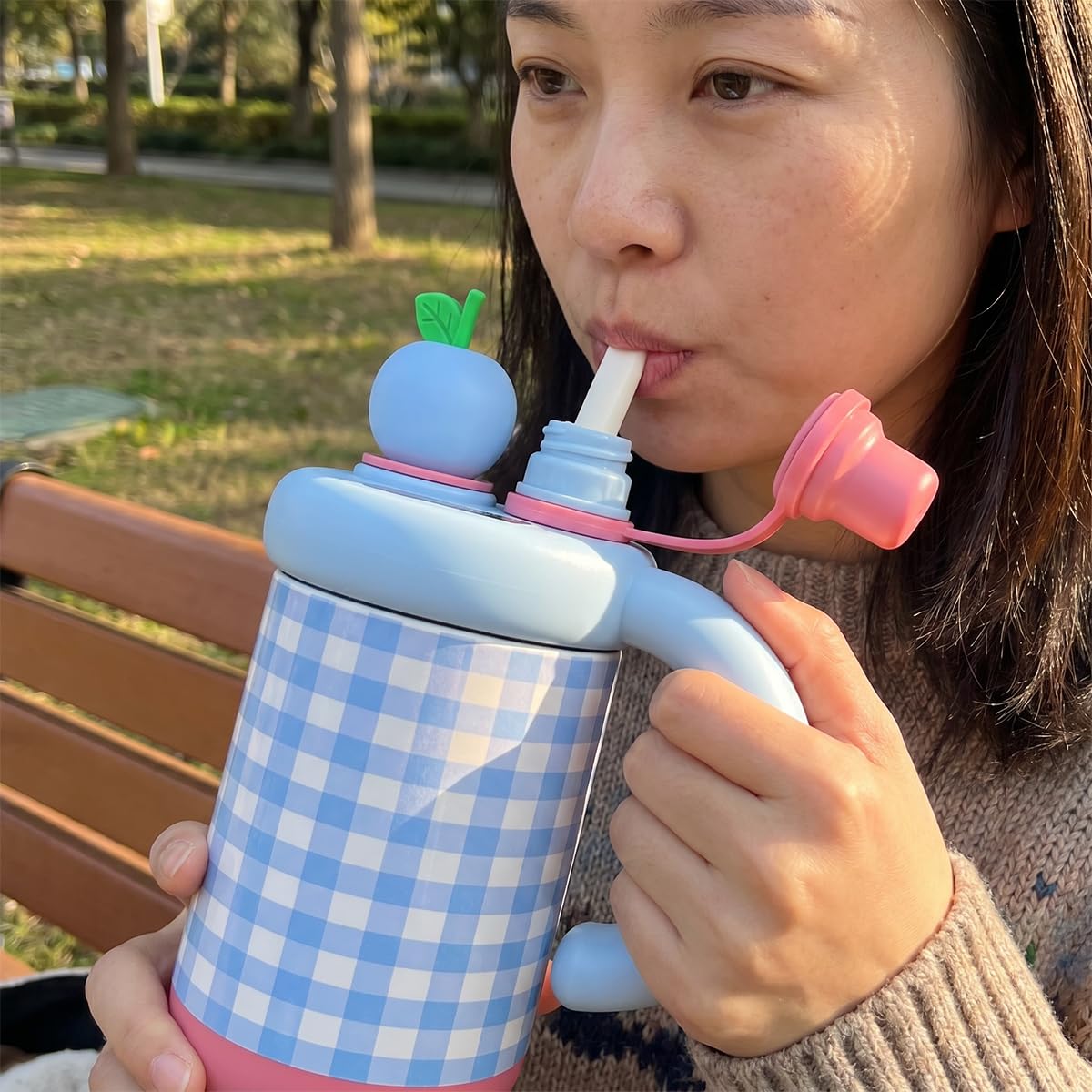 Water Bottle 800ml, Double-Wall Stainless Steel Travel Mug with Straw, Carry Handle, Strainer and Leakproof BPA-Free Lid for Hot and Cold Drinks, F-1531, Blue - image 6