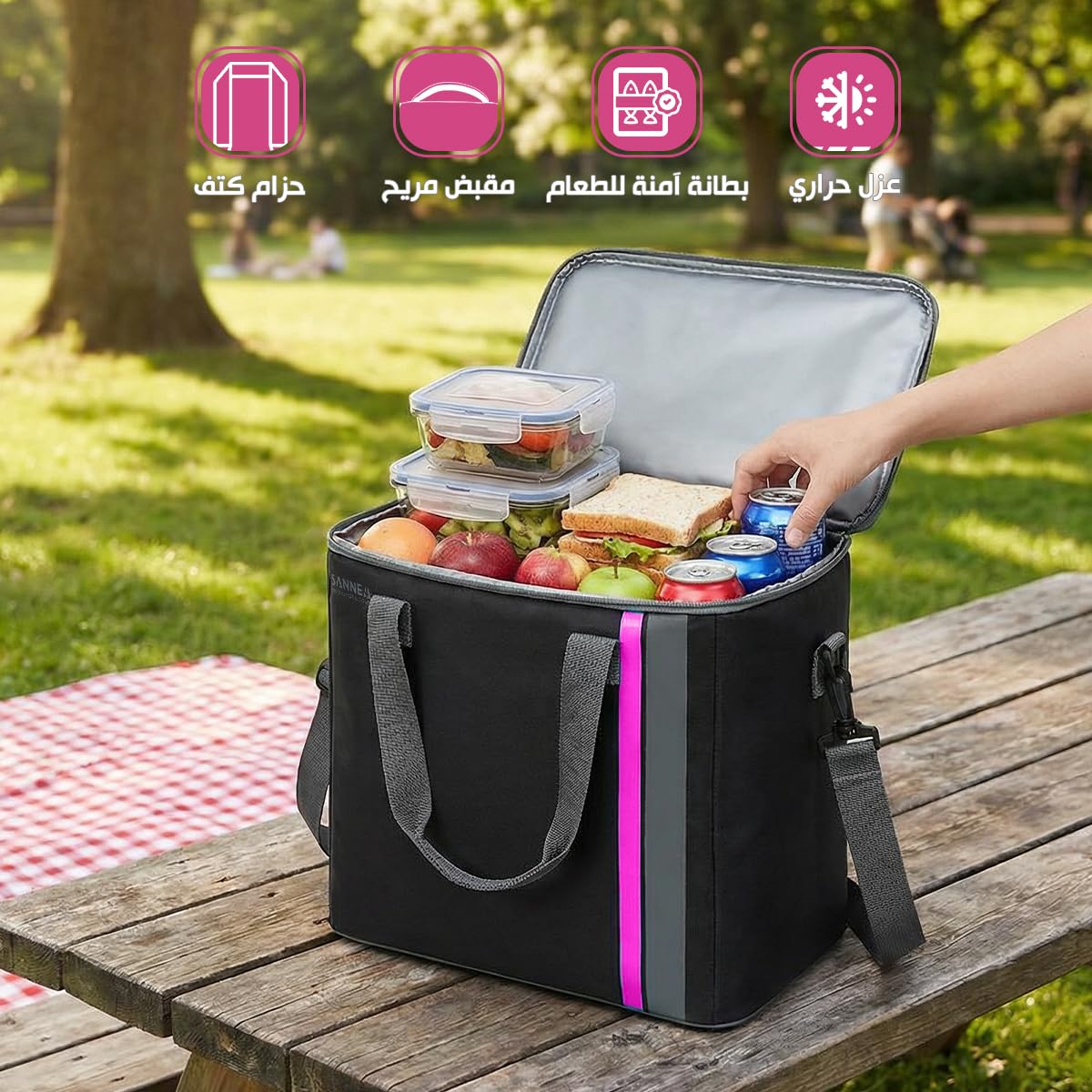 Cooler Bag, Insulated Lunch Bag 22 L, Thermal Cooler Tote, Waterproof Leakproof Lunch Box Bag for Hot and Cold Meals, Food Storage for Work, School, Picnic, Travel, hanso, BB-571 (Black/Pink) - image 2