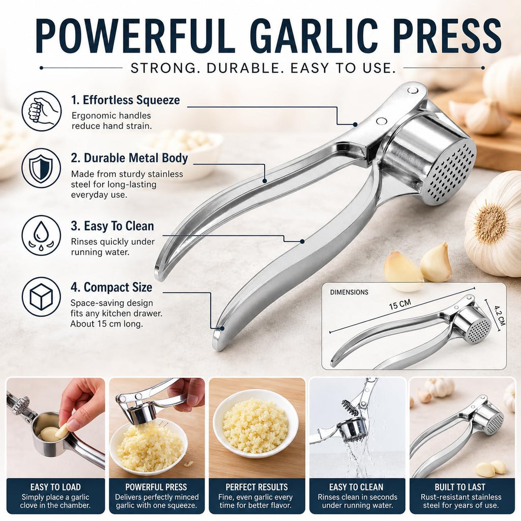 Garlic Press, Stainless Steel Manual Crusher and Mincer with Ergonomic Handle for Garlic Cloves, Compact Easy-Clean Kitchen Tool, Silver, XD-71 - image 3