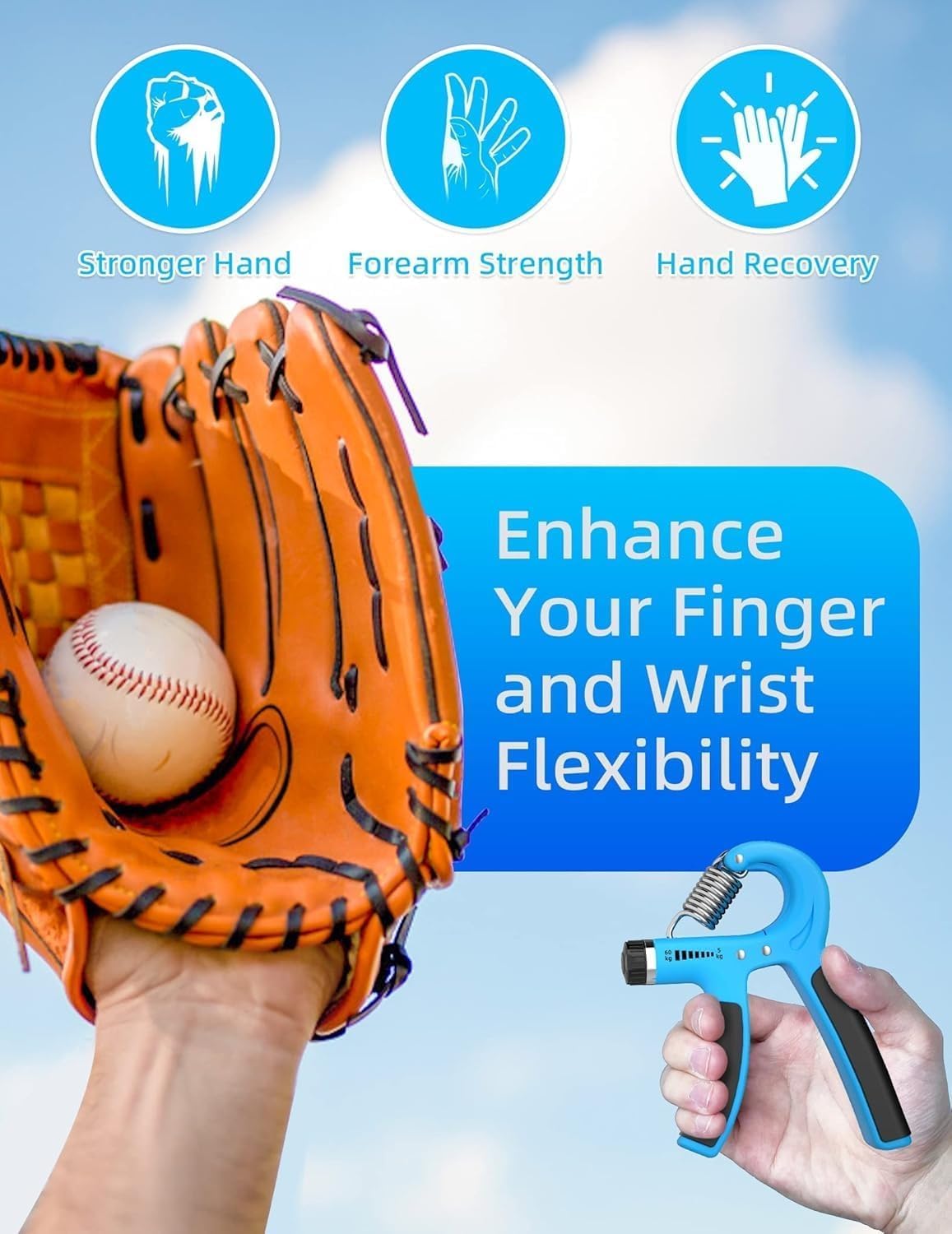 Hand Grip Strengthener Set, 5-Piece Adjustable Resistance Forearm and Finger Exerciser Kit with Hand Gripper, Finger Stretcher, Grip Ring and Squeeze Ball (Blue) - image 4