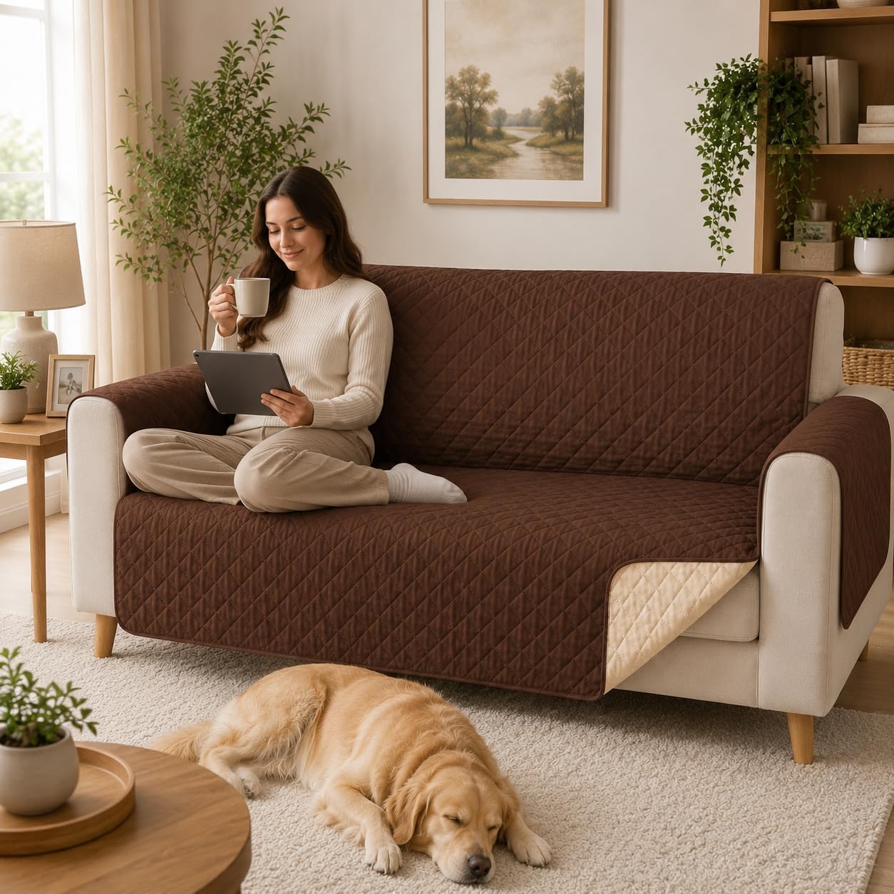 Reversible Sofa Cover for 2 Seater Loveseat, Washable Polyester Furniture Protector for Pet Hair, Crumbs and Everyday Wear, Living Room Couch Slipcover, Brown, SB-279 - image 7
